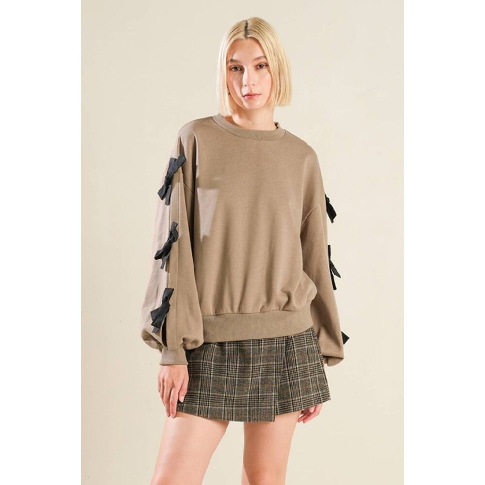 FREEMARKET by Flying Tomato Taupe Black Size Large Bow Sleeves Sweatshirt